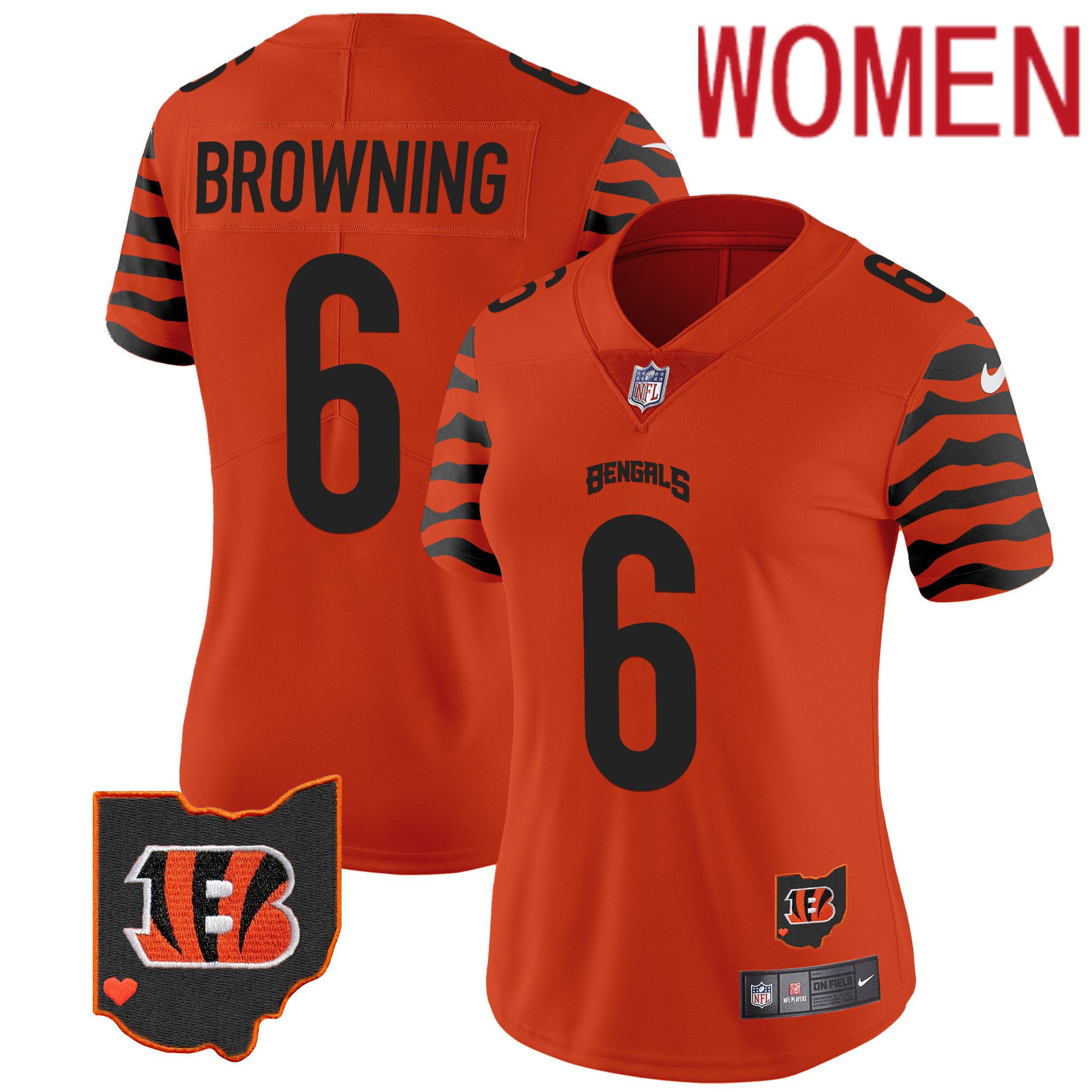 Women Cincinnati Bengals #6 Browning Orange 2024 Nike Stripes Vapor Limited NFL Jersey